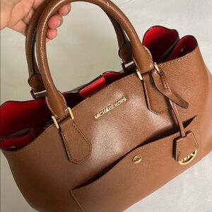 Michael Kors Brown and Red Satchel with Gold Hardware